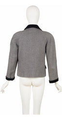 1980s Herringbone Wool Black Velvet Trim Jacket
