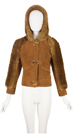 1970s Tan Genuine Suede & Faux Fur Hooded Jacket