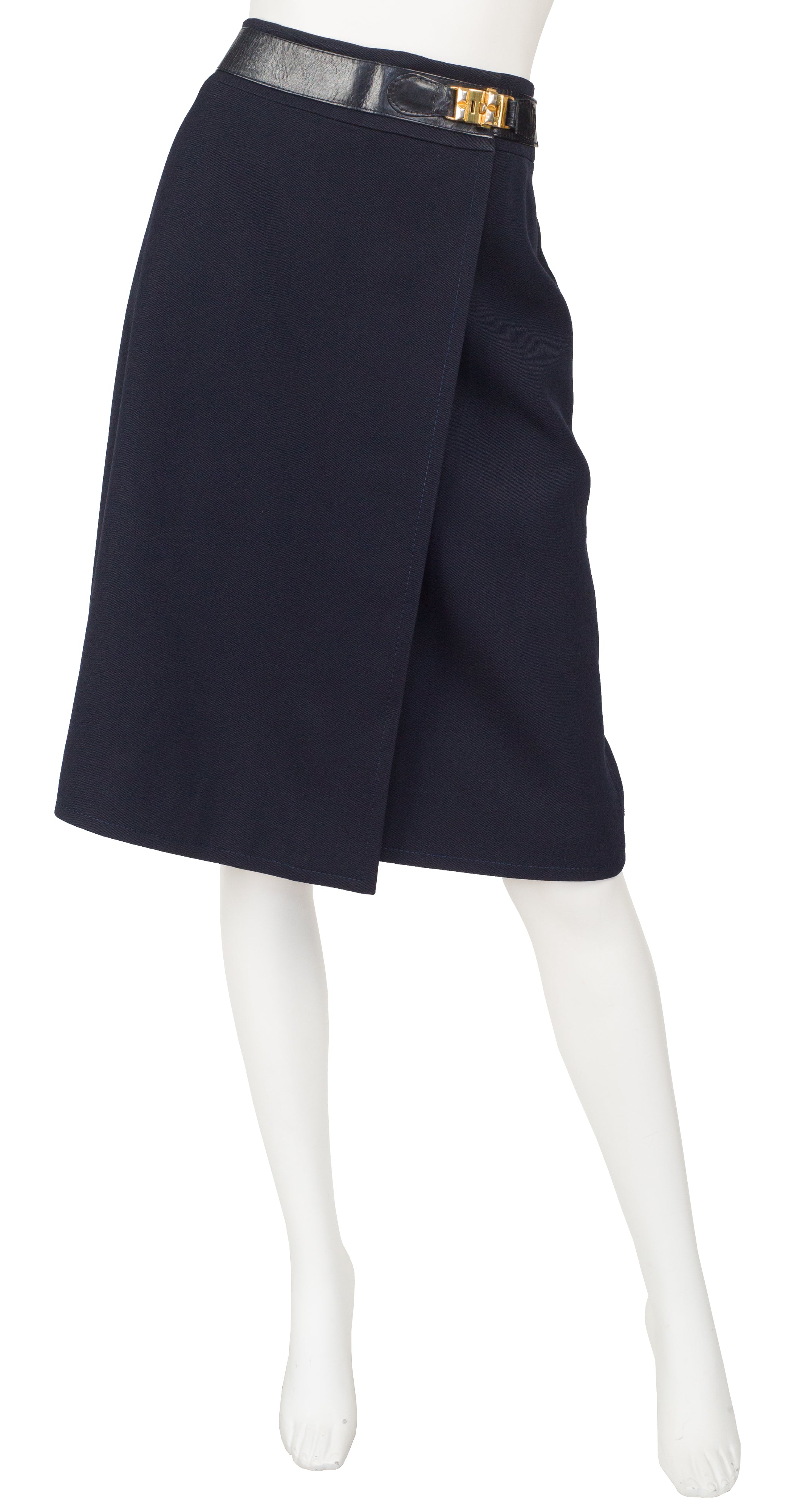 1970s Navy Blue Worsted Wool Leather Trim Skirt