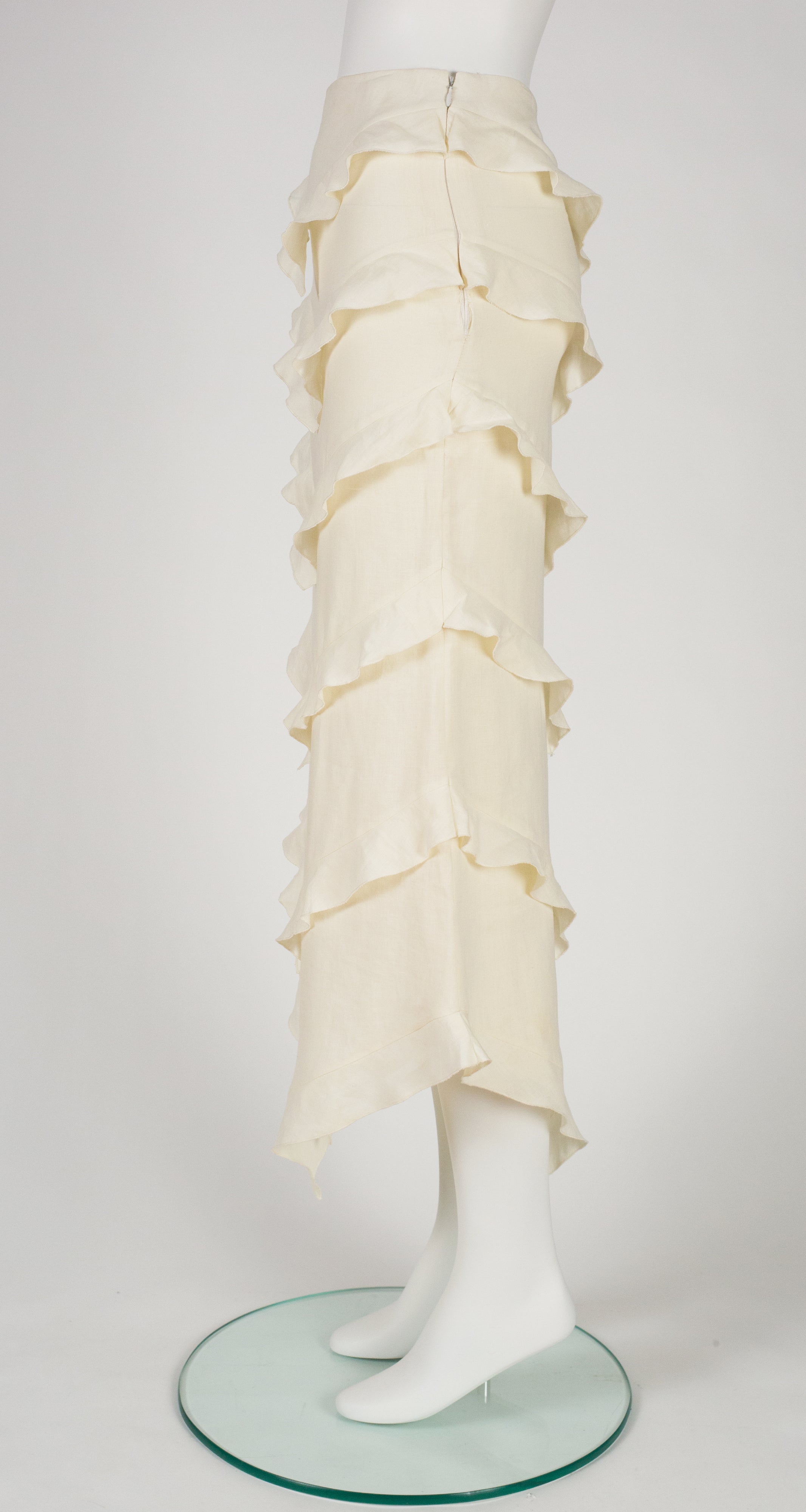 1990s Cream Linen Tiered Ruffle Skirt