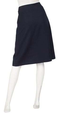 1970s Navy Blue Worsted Wool Leather Trim Skirt