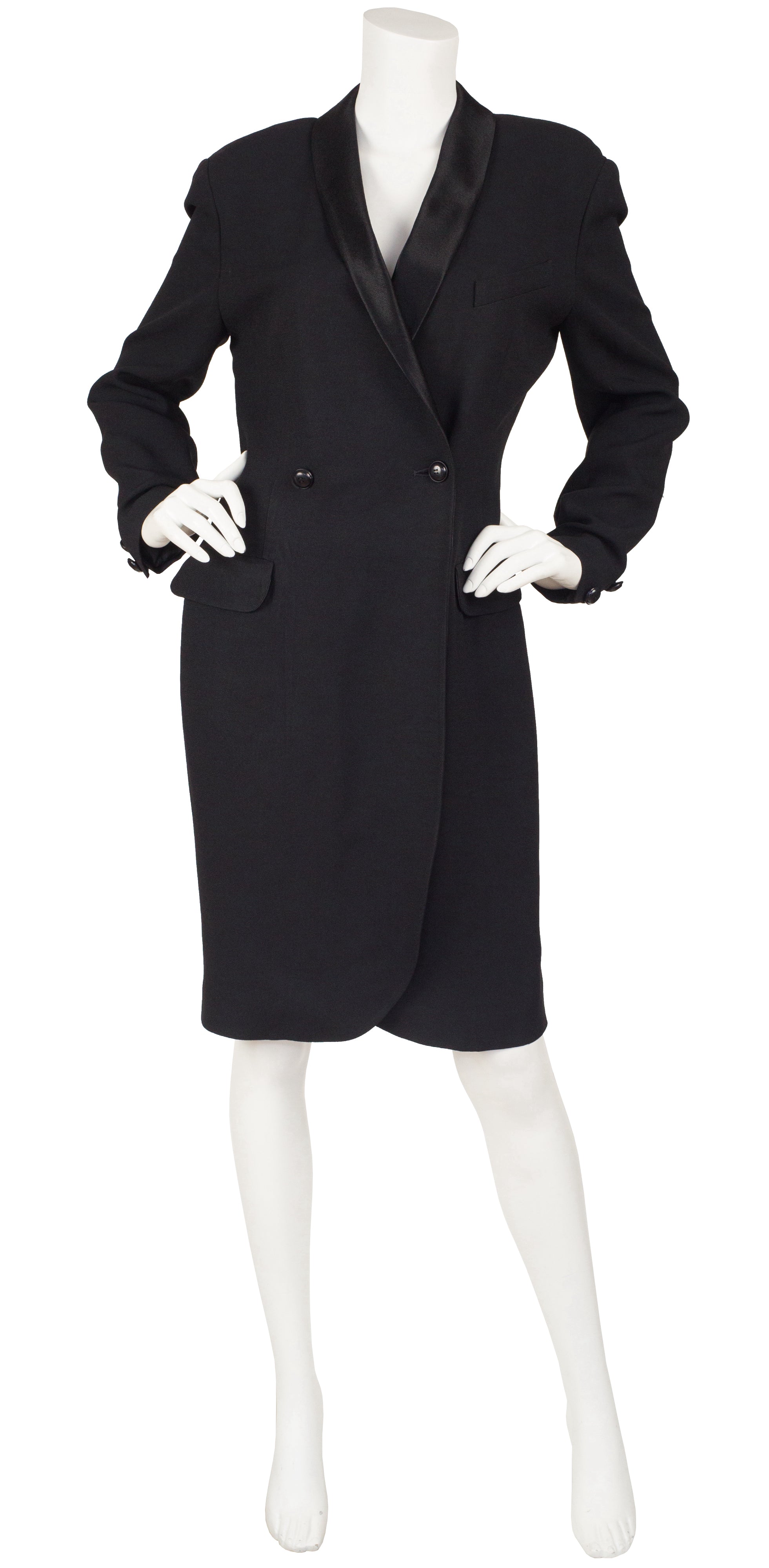 1980s Tuxedo Style Black Crepe Dress Coat