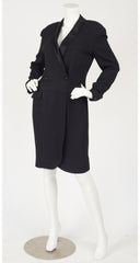 1980s Tuxedo Style Black Crepe Dress Coat