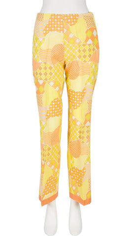1960s Psychedelic Yellow Patchwork Print Straight-Leg Trousers