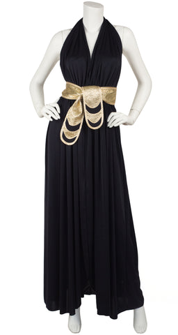 1980 Documented Plunge Neck Backless Gold & Black Jersey Gown