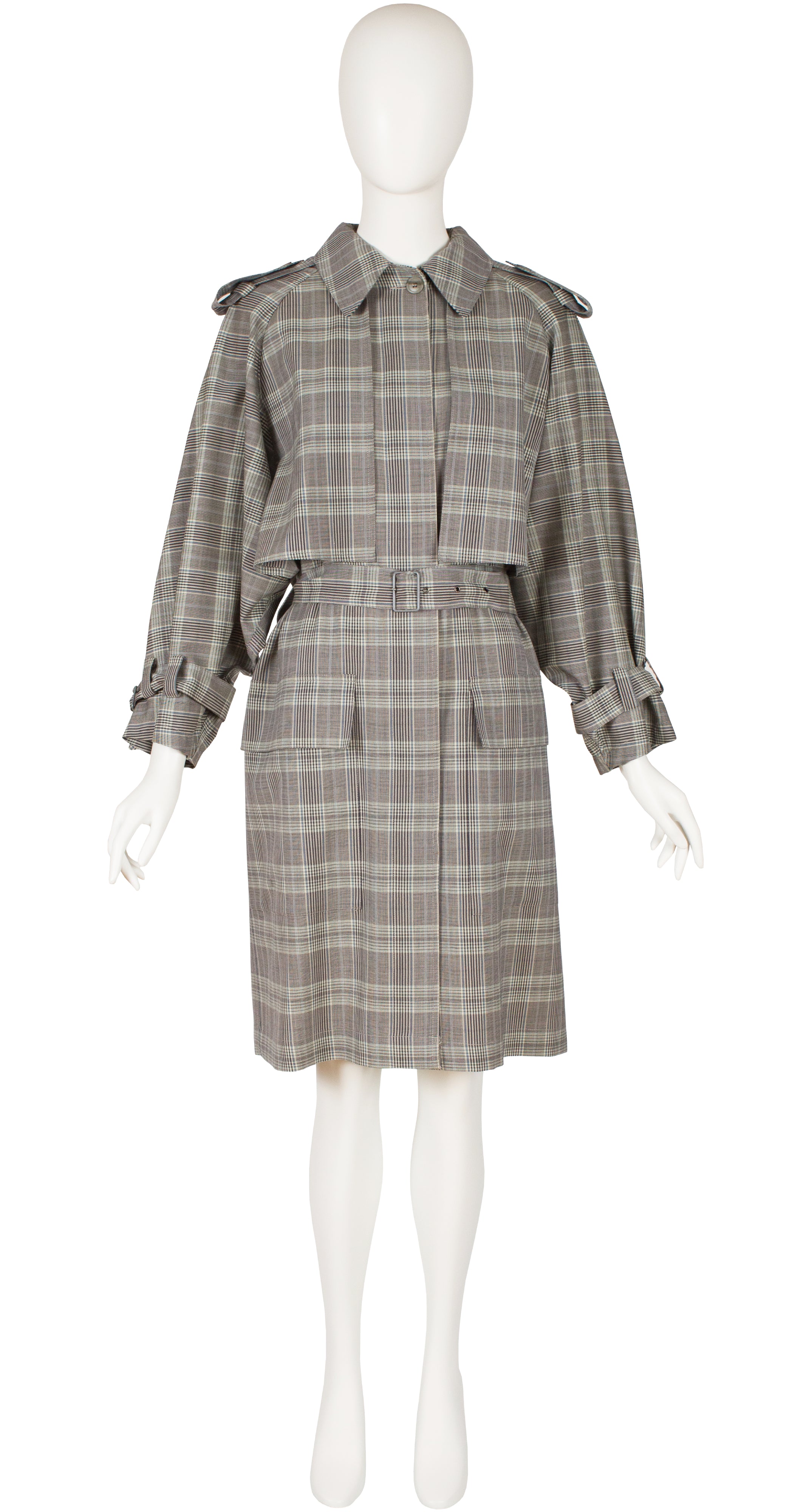 1980s Plaid Gray Wool Trench Coat