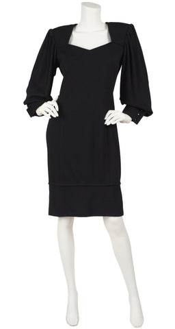 1980s Balloon Sleeve Black Wool Jersey Dress