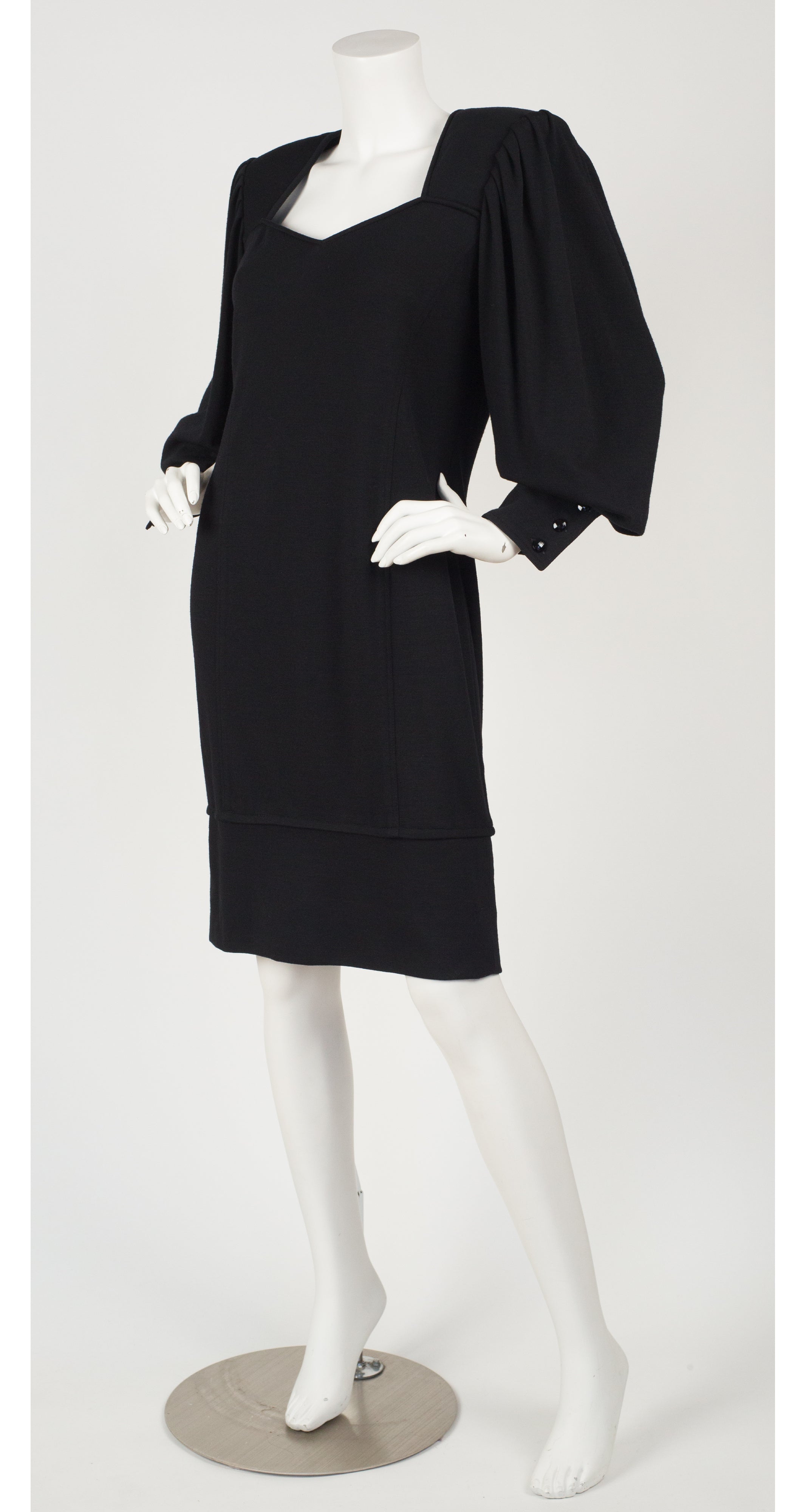 1980s Balloon Sleeve Black Wool Jersey Dress