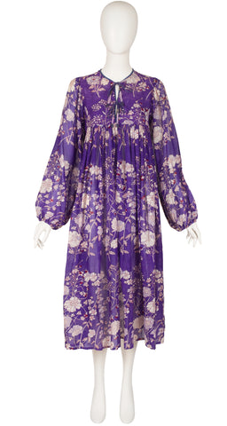 1970s Purple Floral Indian Cotton Balloon Sleeve Dress