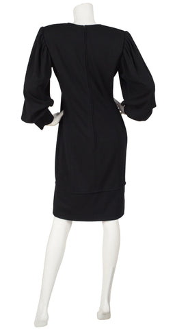 1980s Balloon Sleeve Black Wool Jersey Dress