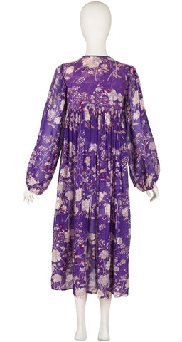 1970s Purple Floral Indian Cotton Balloon Sleeve Dress