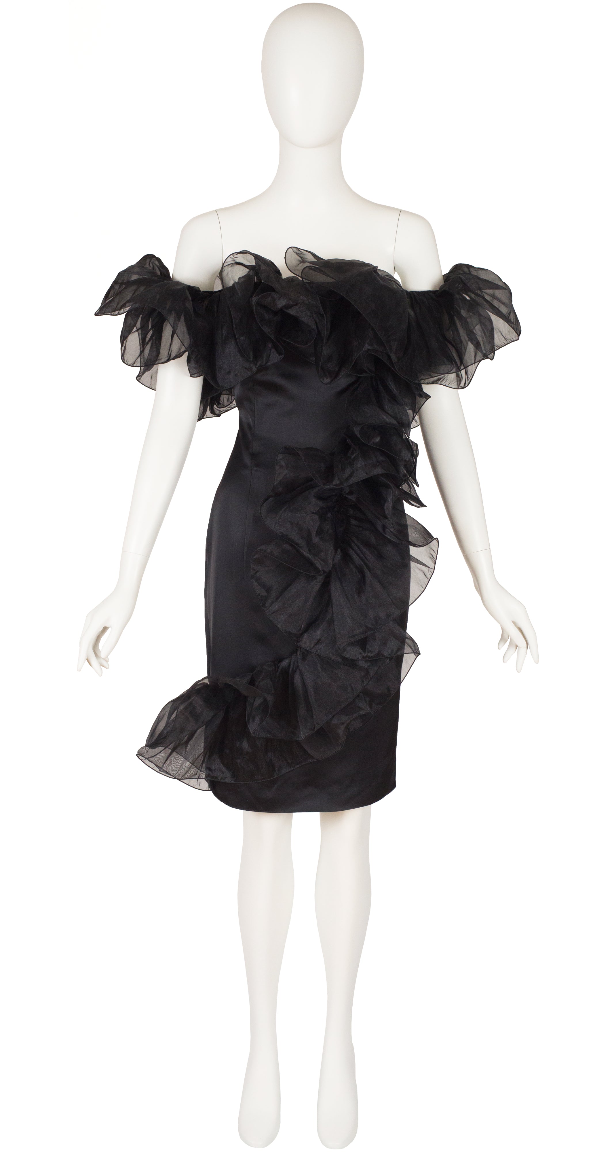 1980s Dramatic Organdy Ruffle Black Satin Cocktail Dress