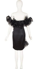 1980s Dramatic Organdy Ruffle Black Satin Cocktail Dress