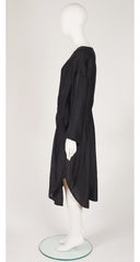 1980s Black Silk Wide-Sleeve Oversized Button-Up Dress