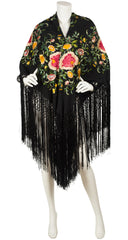 1920s Embroidered Floral Black Silk Fringe Piano Shawl