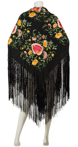 1920s Embroidered Floral Black Silk Fringe Piano Shawl