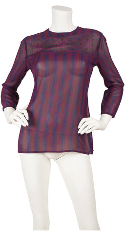 1980s Striped Purple & Blue Silk Chiffon Blouse