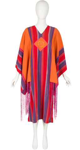 1970s Sunburst Appliqué Striped Cotton Fringe Caftan
