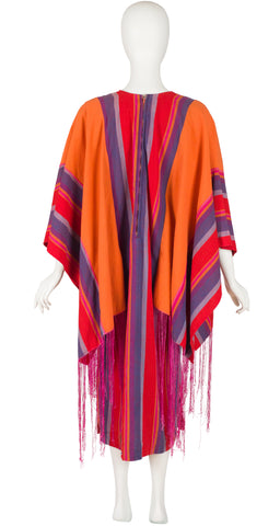 1970s Sunburst Appliqué Striped Cotton Fringe Caftan