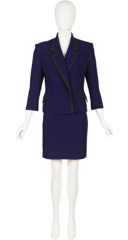 1980s Navy Blue Wool Double-Breasted Skirt Suit