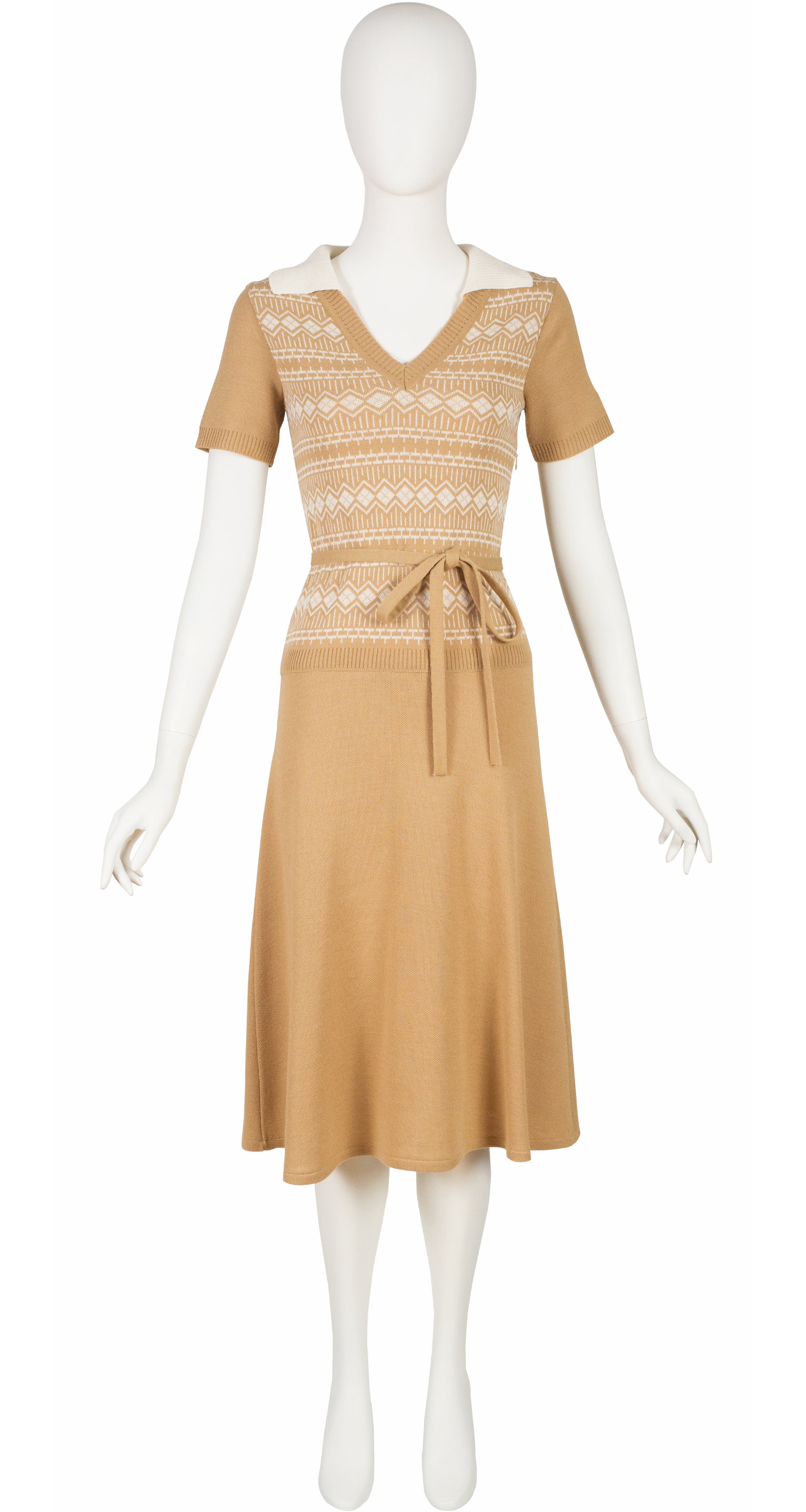 1970s Beige & Cream Collared Sweater Dress