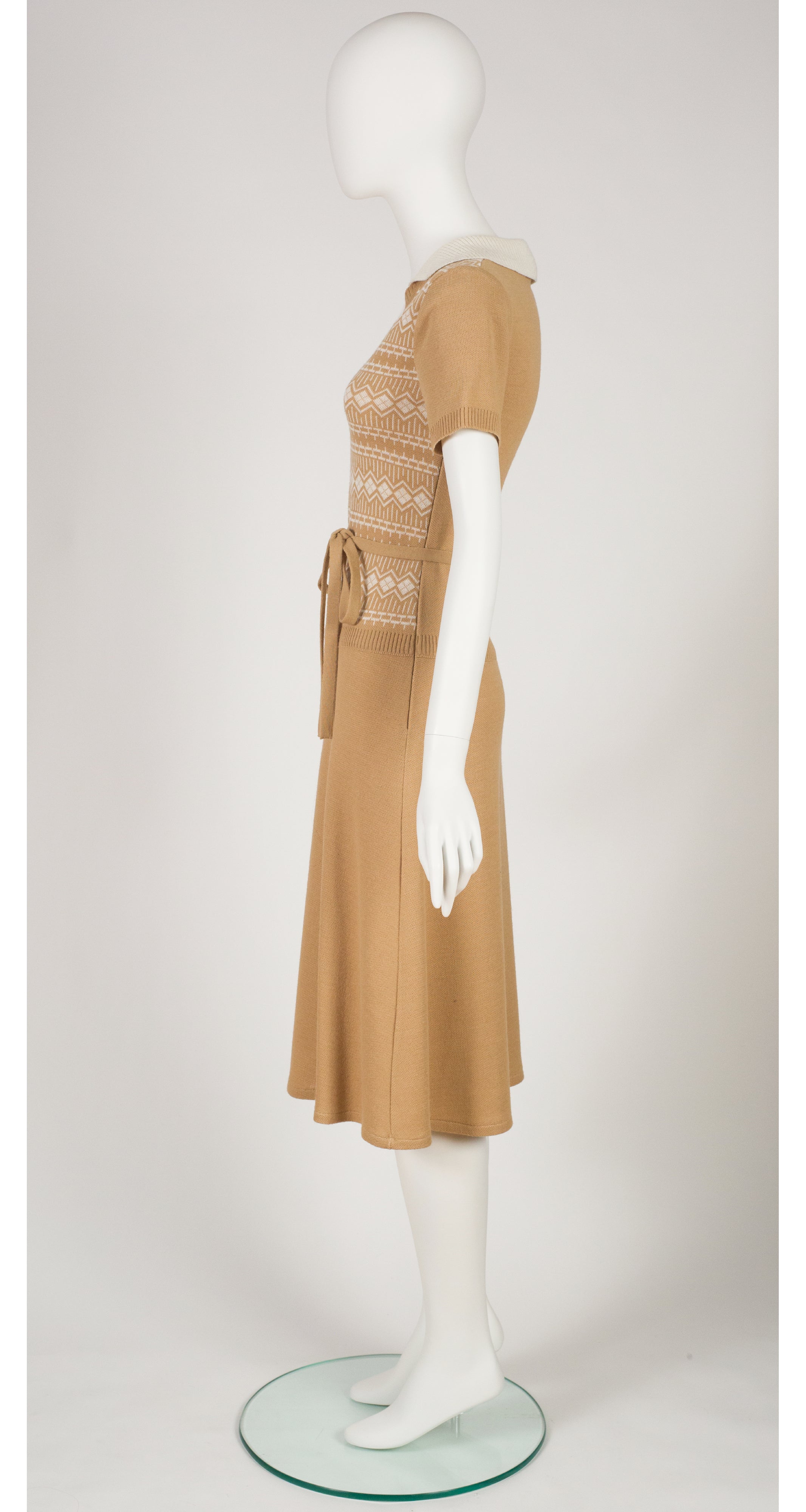1970s Beige & Cream Collared Sweater Dress