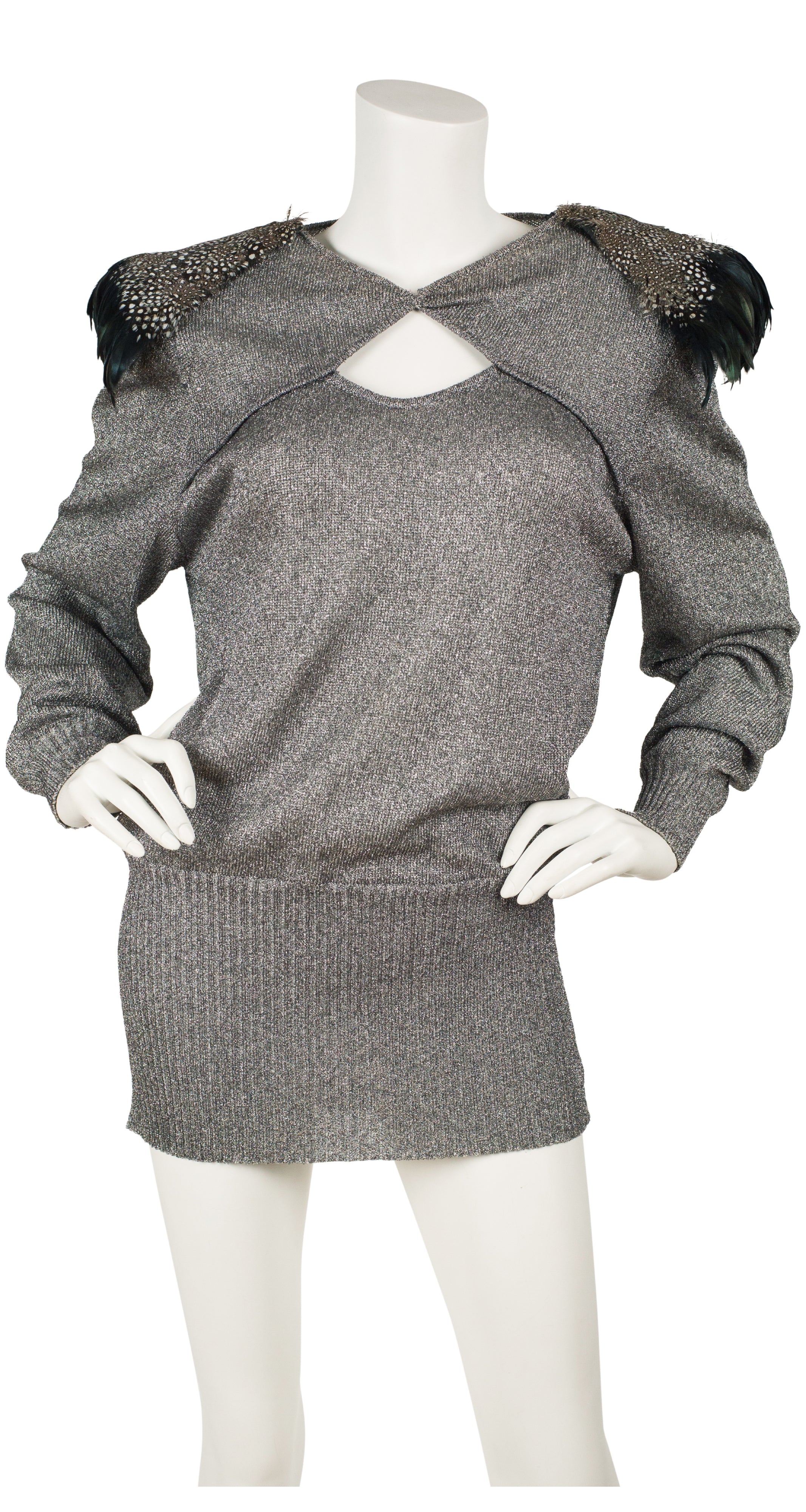 1980s Avant-Garde Feather Shoulder Silver Lurex Sweater