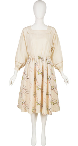 1978 S/S Dogwood Print Cream Cotton Balloon Sleeve Dress