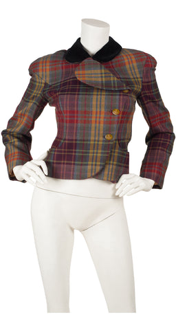 2000s Red Label Plaid Wool & Velvet Jacket