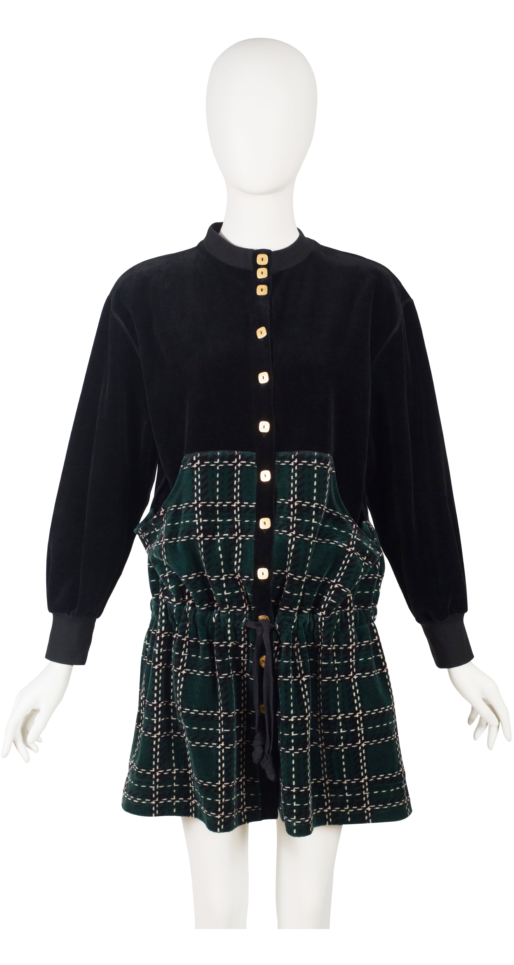 1990s Black & Plaid Cotton Velour Tunic Cardigan