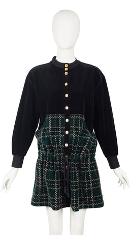 1990s Black & Plaid Cotton Velour Tunic Cardigan