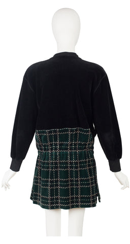 1990s Black & Plaid Cotton Velour Tunic Cardigan