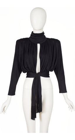 1980s Cut-Out Black Jersey Fringe Tie Top
