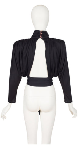 1980s Cut-Out Black Jersey Fringe Tie Top