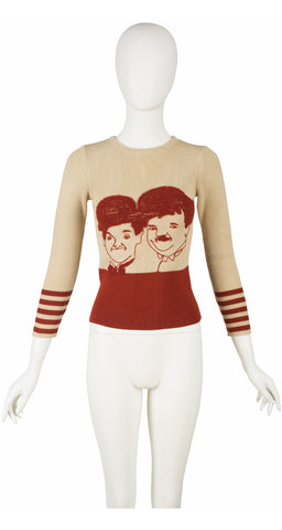 1970s Laurel and Hardy Beige Ribbed Pullover Sweater