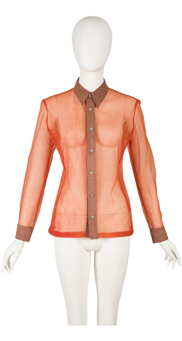 1990s Sheer Orange Collared Button-Up Blouse