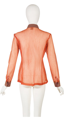 1990s Sheer Orange Collared Button-Up Blouse