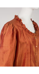 1980s Iridescent Burnt Orange Raw Silk Ruffle Blouse