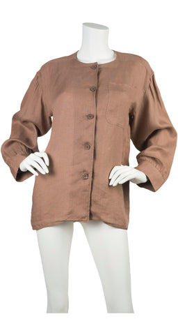 1980s Brown Linen Button Down Blouse