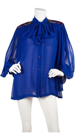 1980s Blue Chiffon Bugle Bead Balloon Sleeve Blouse