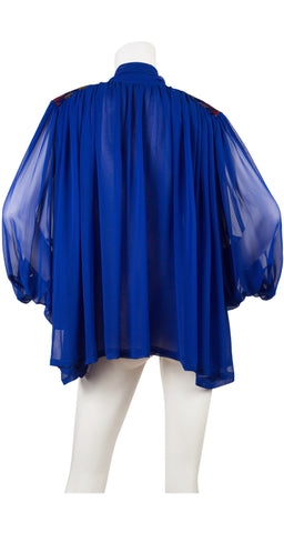 1980s Blue Chiffon Bugle Bead Balloon Sleeve Blouse