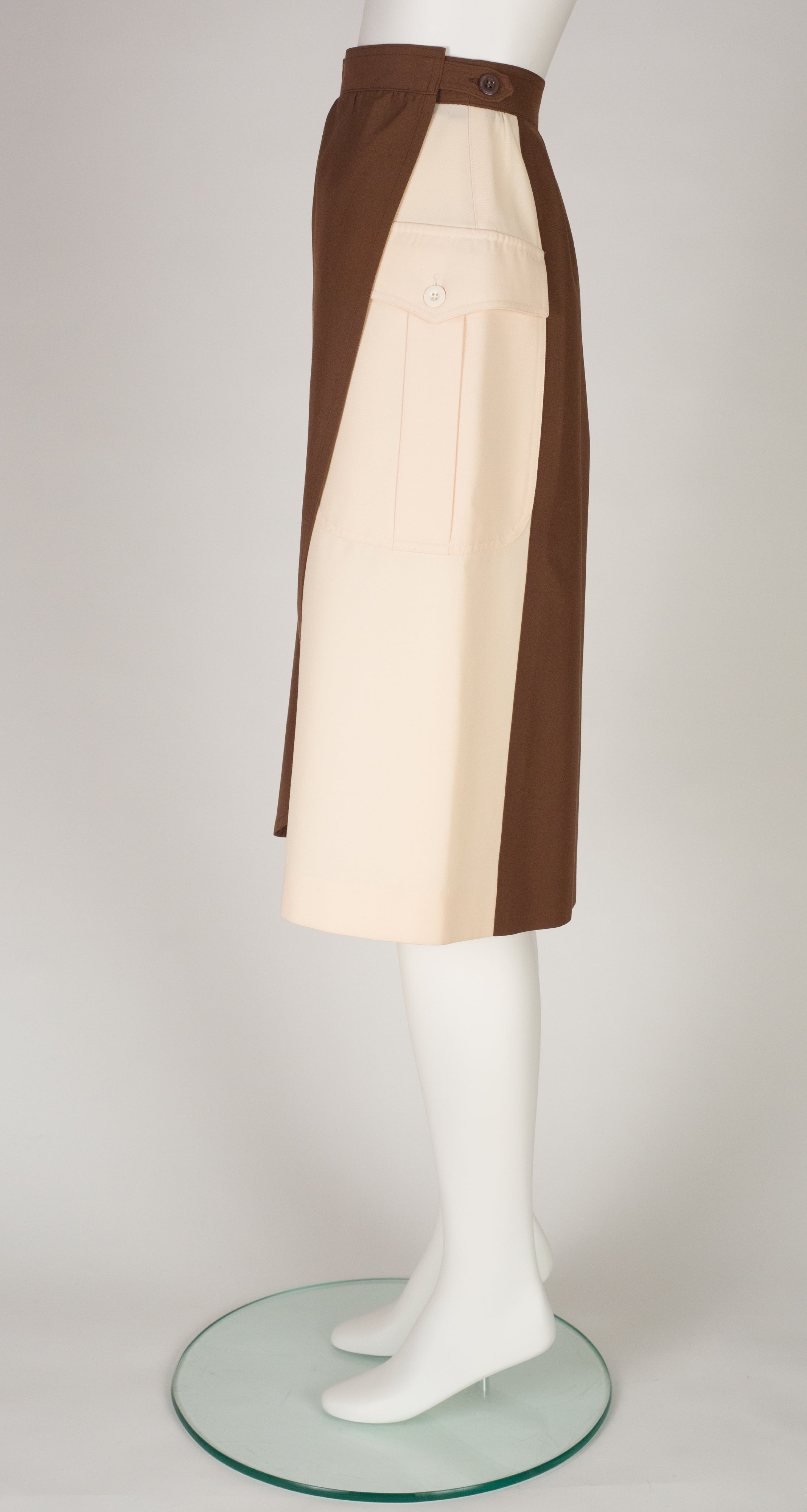 1980s Brown & Cream Color Block Wool Wrap Skirt