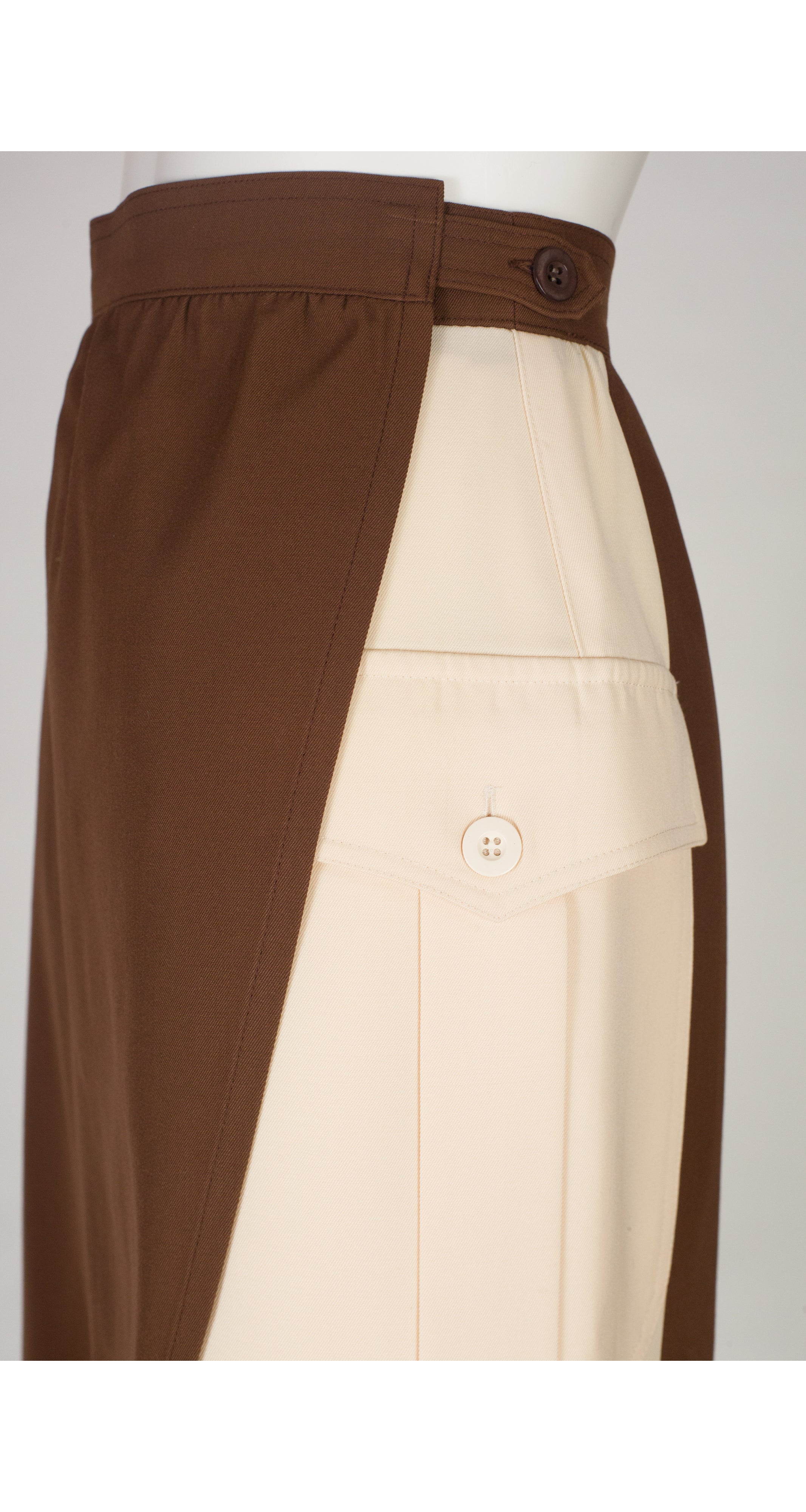 1980s Brown & Cream Color Block Wool Wrap Skirt