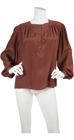 1970s Brown Silk Balloon Sleeve Blouse