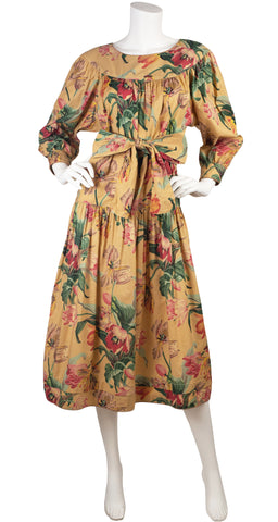 1982 S/S Tulip Print Beige Cotton Midi Dress