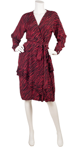 1989-90 F/W Runway Black & Red Striped Silk Wrap-Style Dress