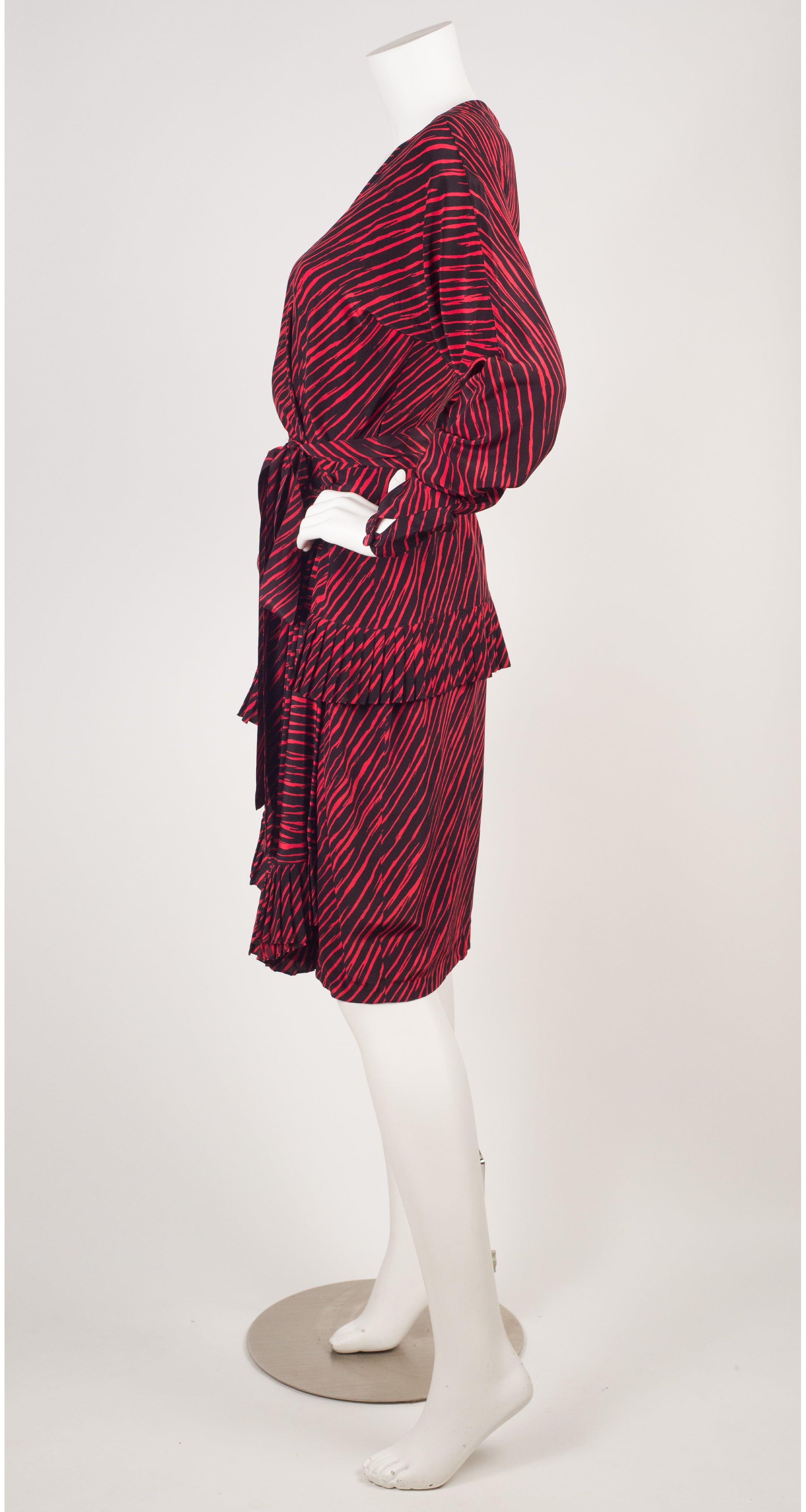 1989-90 F/W Runway Black & Red Striped Silk Wrap-Style Dress