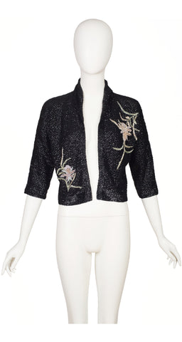 1960s Beaded Pastel Floral Black Sequin Cardigan