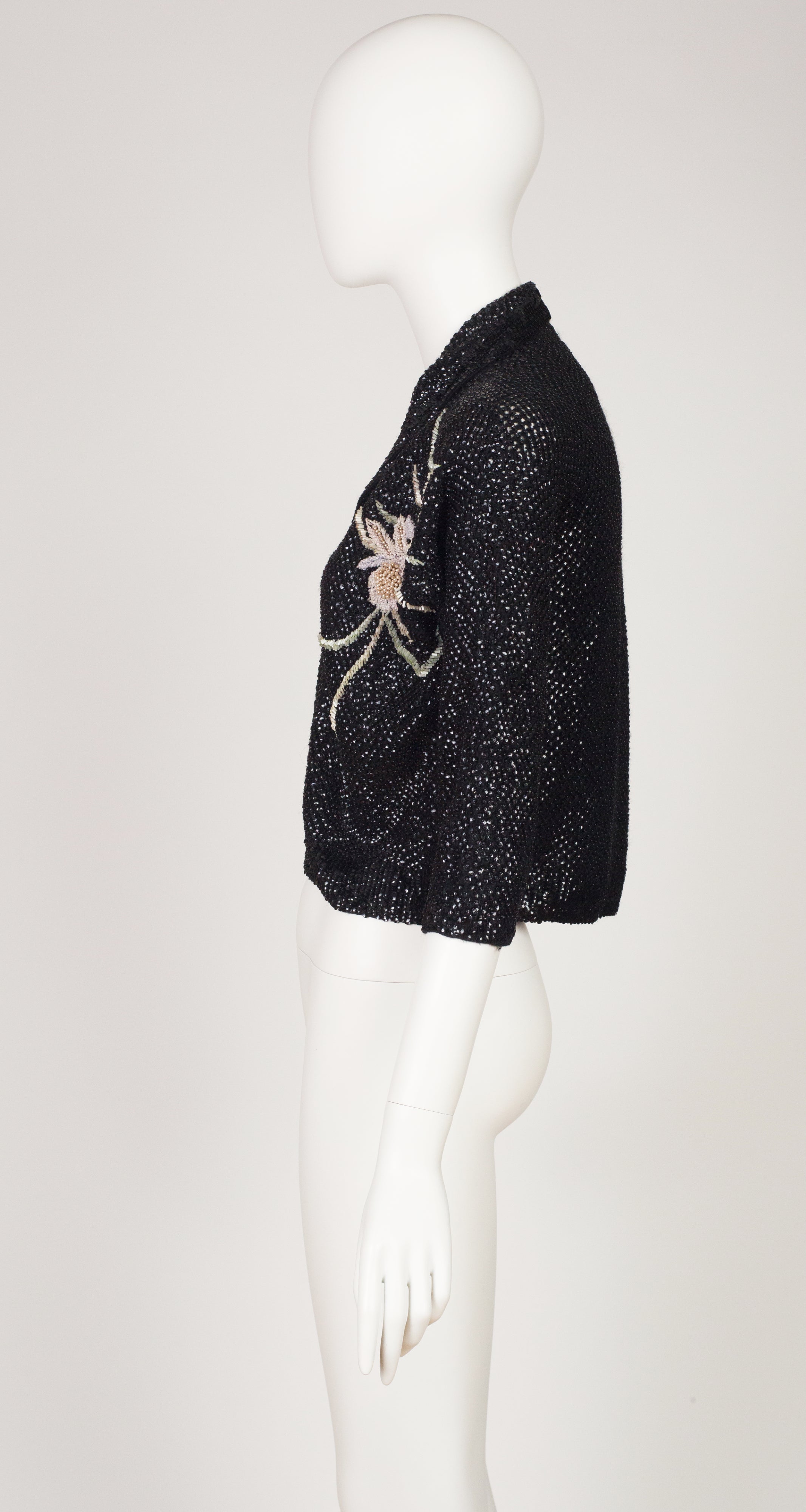 1960s Beaded Pastel Floral Black Sequin Cardigan