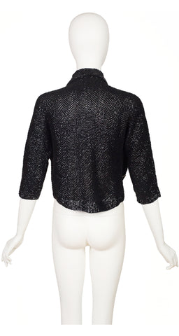 1960s Beaded Pastel Floral Black Sequin Cardigan